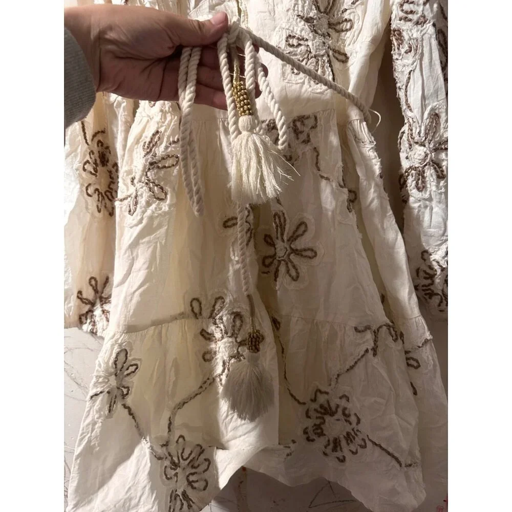 Camellia Embroidered 3D Floral Cottage Mini Dress Women Medium Cream Puff Sleeve - Picture 7 of 16